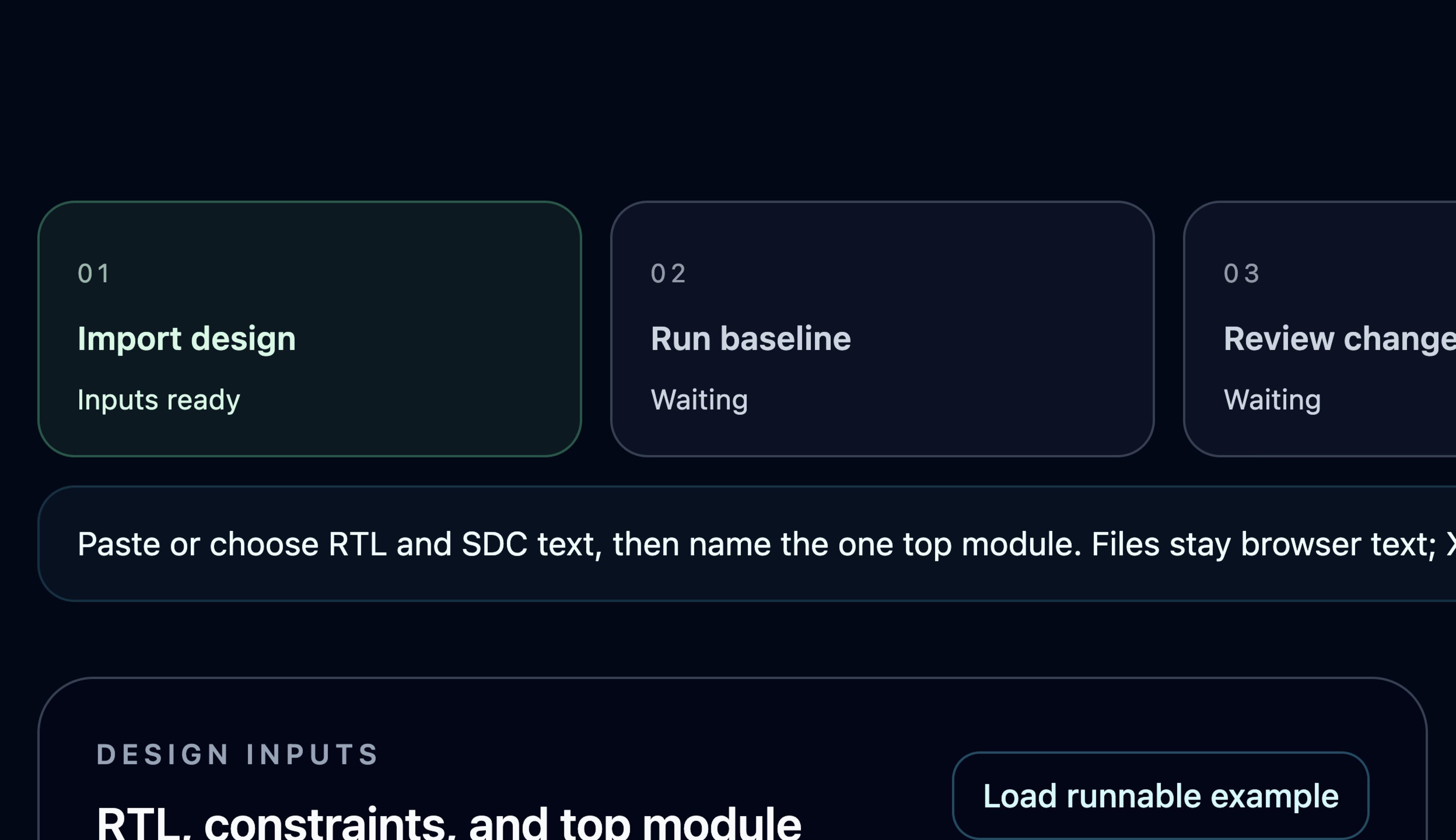Xylon OpenROAD timing workbench showing the five-step flow and imported RTL and SDC inputs